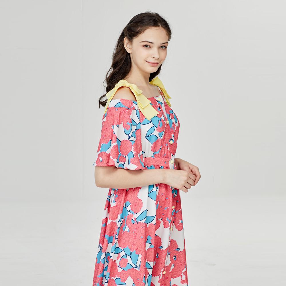 L Pink Flower Off Shoulder Dress