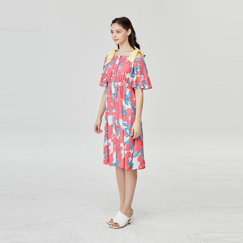 L Pink Flower Off Shoulder Dress