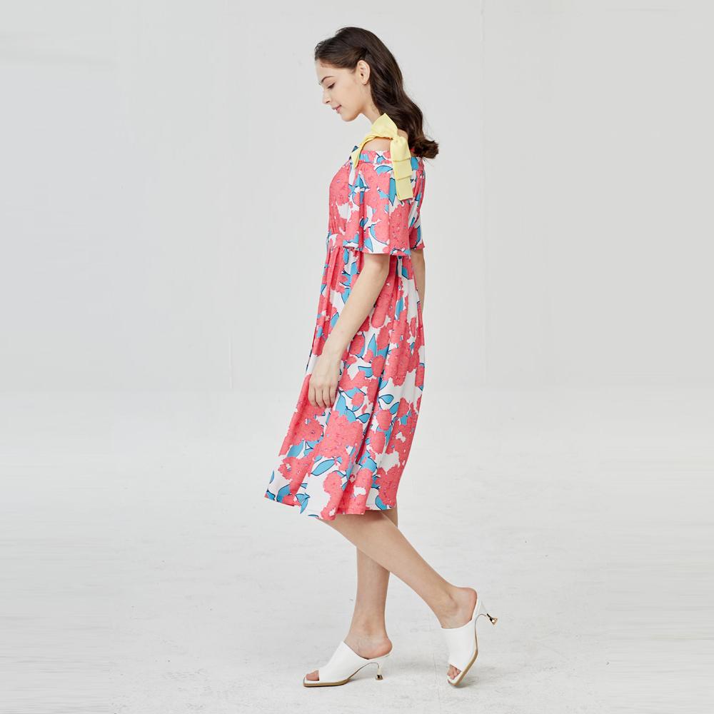 L Pink Flower Off Shoulder Dress