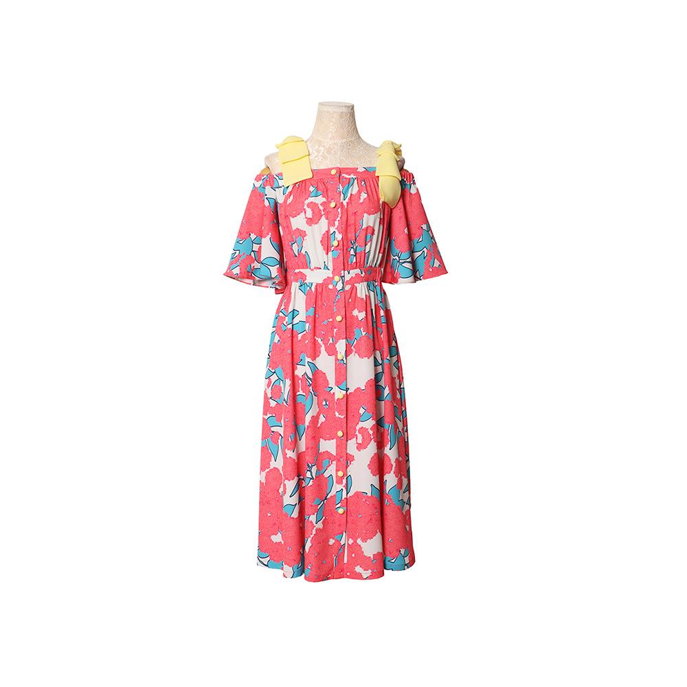 L Pink Flower Off Shoulder Dress